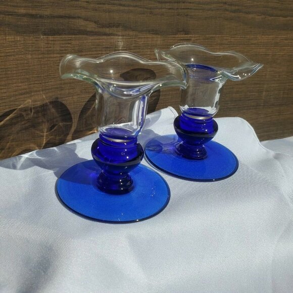 Princess House Sapphire Ruffled Candle Holders 3" taper crystal elegant cobalt - Picture 2 of 7